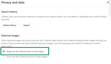 Outlook web Privacy and data settings showing external images set to use the Outlook service.