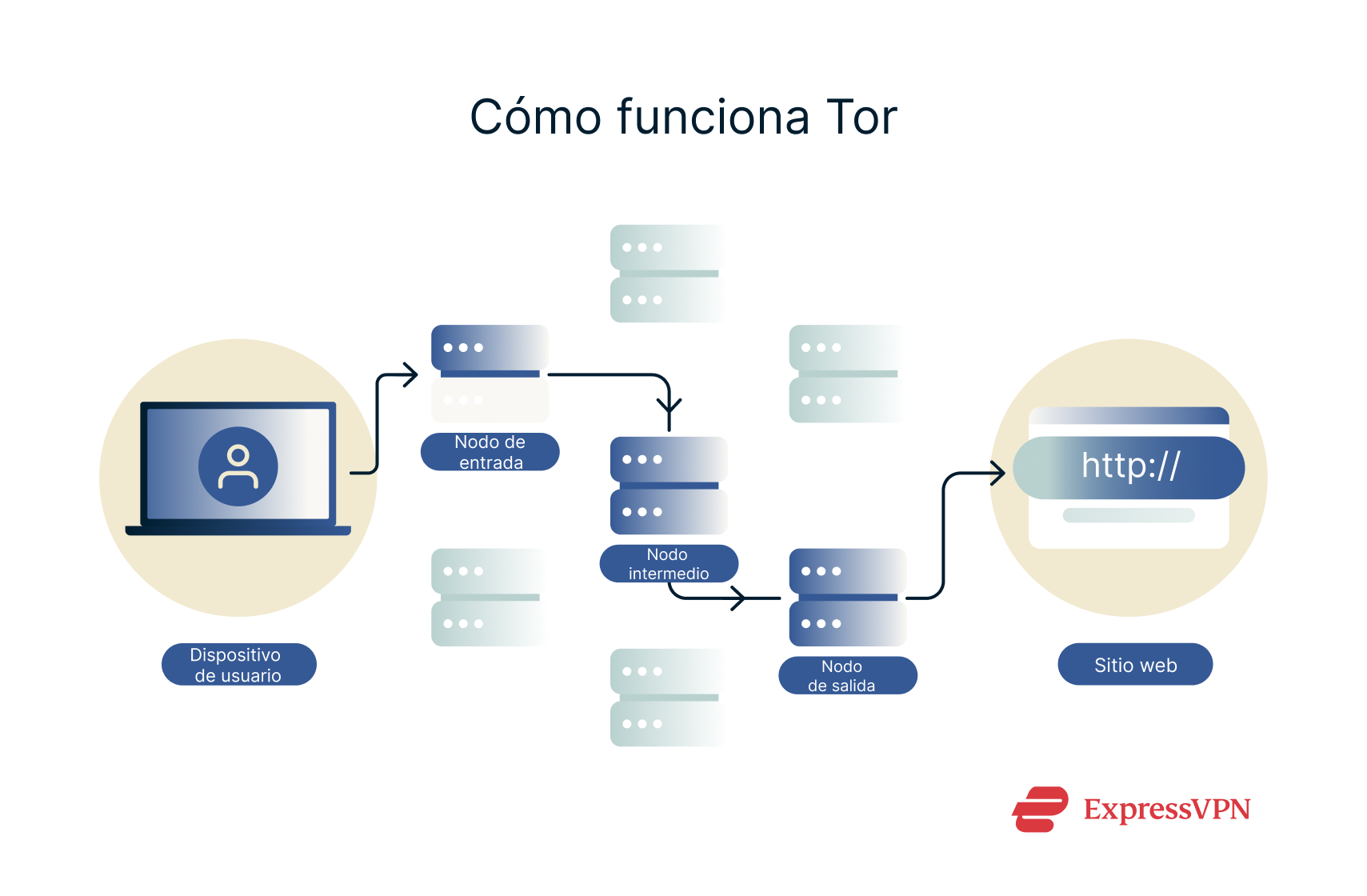 Un diagrama que muestra cómo funciona Tor.