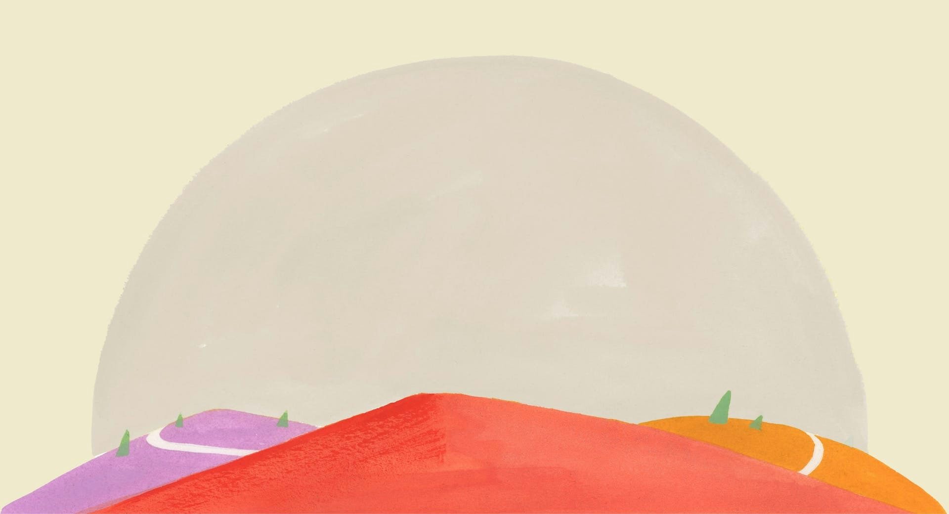 Illustrazione di ExpressVPN di sentieri colorati che conducono su una collina, a simboleggiare connessioni Internet sicure, veloci e globali.