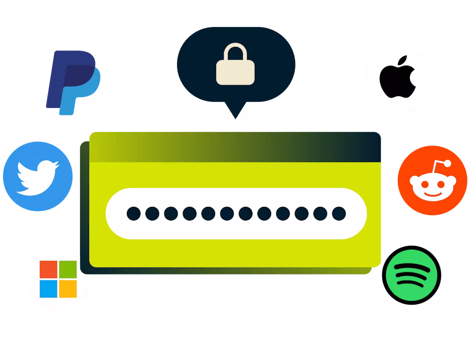 Jelszó mező lakat ikonnal, fióktípusokkal körülvéve.